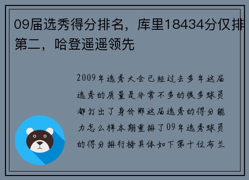 09届选秀得分排名，库里18434分仅排第二，哈登遥遥领先